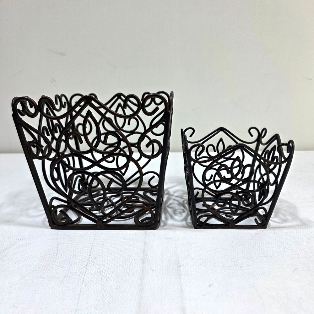 Wire Basket Farmhouse Set S/M Brown Scrollwork Wrought Iron Decor Chic Storage